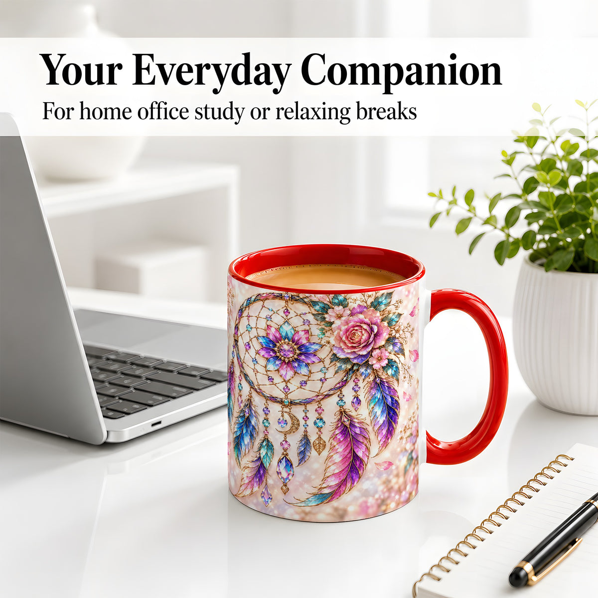 #pl[11oz|Red] Floral Dreamcatcher Accent Mug, Mug with Pastel Feather Artwork