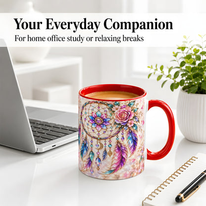 #pl[11oz|Red] Floral Dreamcatcher Accent Mug, Mug with Pastel Feather Artwork