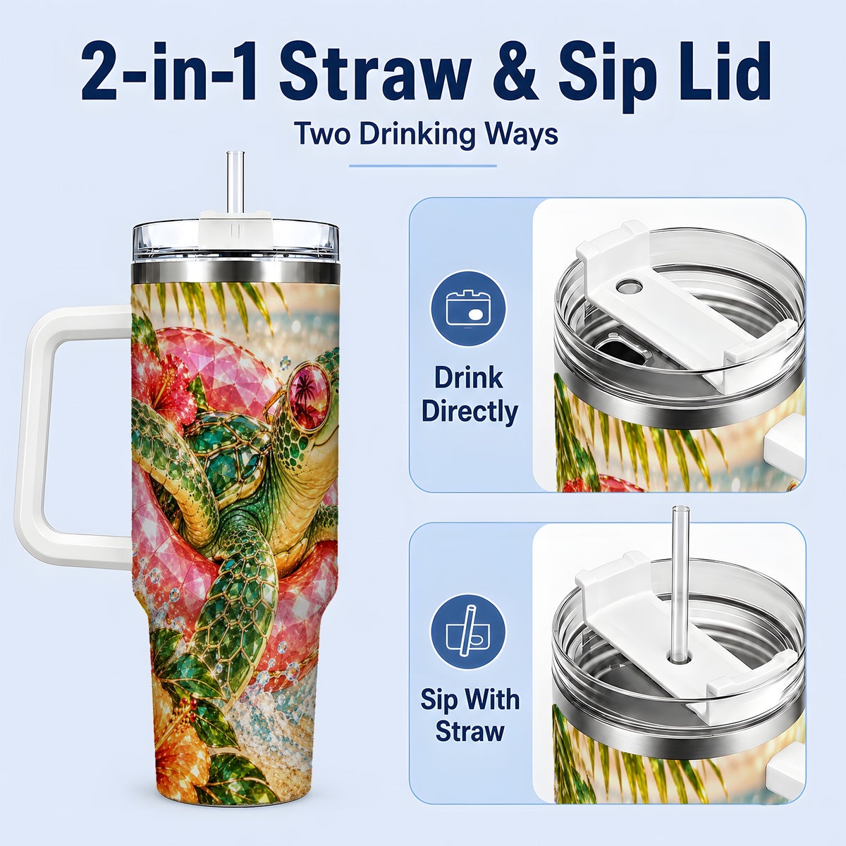 #pl[40oz|White] Tropical Sea Turtle 40oz Tumbler, Stainless Steel Drinkware for Beach Fans