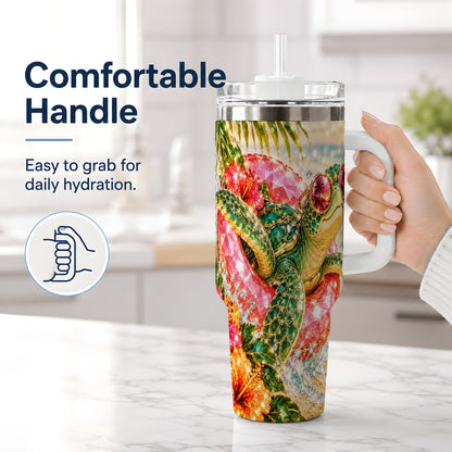 #pl[40oz|White] Tropical Sea Turtle 40oz Tumbler, Stainless Steel Drinkware for Beach Fans