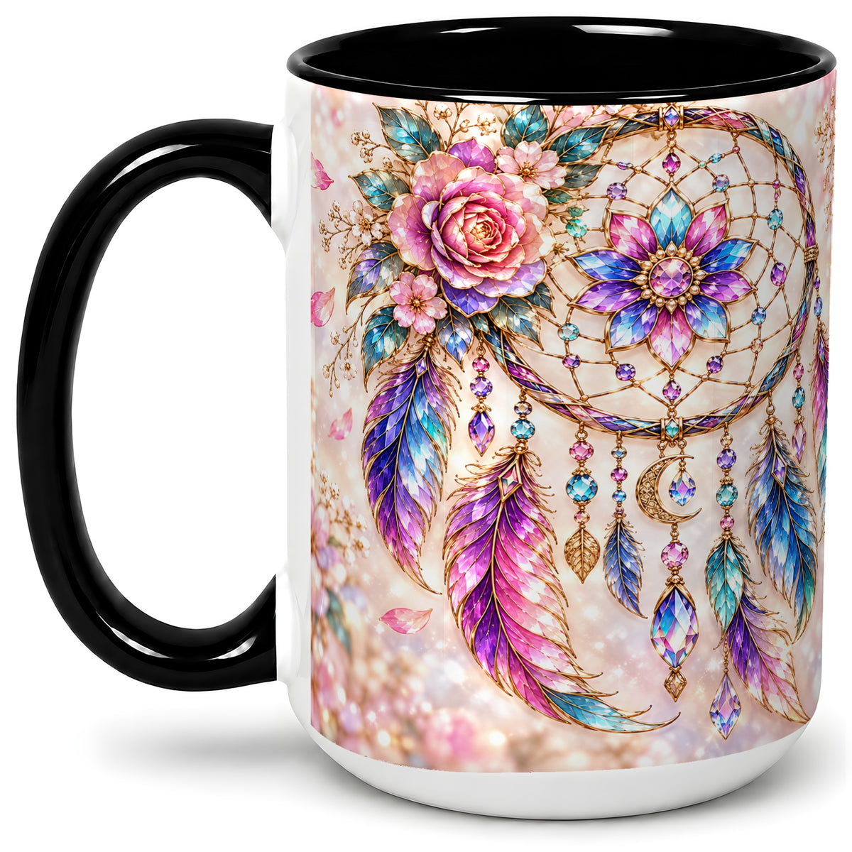 #pl[15oz|Black] Floral Dreamcatcher Accent Mug, Mug with Pastel Feather Artwork
