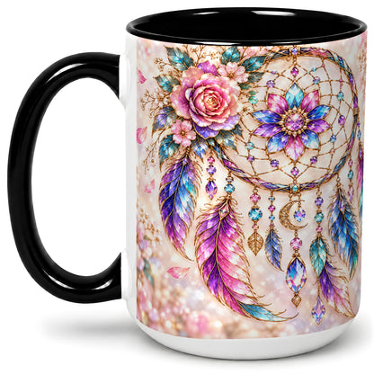 #pl[15oz|Black] Floral Dreamcatcher Accent Mug, Mug with Pastel Feather Artwork