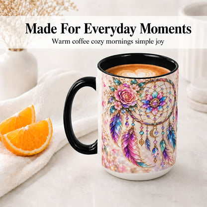 #pl[15oz|Black] Floral Dreamcatcher Accent Mug, Mug with Pastel Feather Artwork