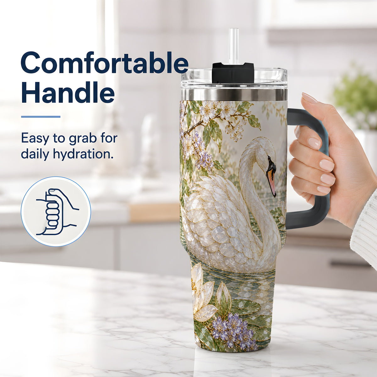 #pl[40oz|Black] Swan Pond Floral 40oz Tumbler, Stainless Steel Drinkware for Nature Lovers