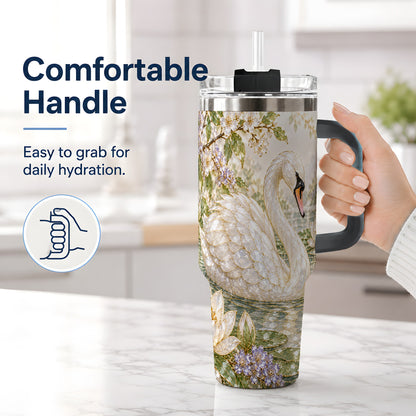 #pl[40oz|Black] Swan Pond Floral 40oz Tumbler, Stainless Steel Drinkware for Nature Lovers