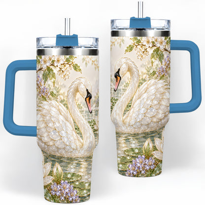 #pl[40oz|Blue] Swan Pond Floral 40oz Tumbler, Stainless Steel Drinkware for Nature Lovers