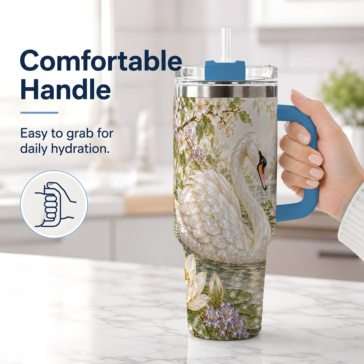 #pl[40oz|Blue] Swan Pond Floral 40oz Tumbler, Stainless Steel Drinkware for Nature Lovers