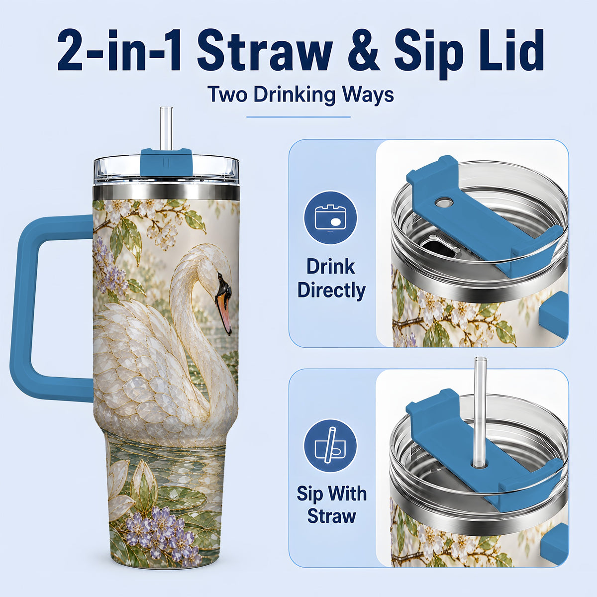 #pl[40oz|Blue] Swan Pond Floral 40oz Tumbler, Stainless Steel Drinkware for Nature Lovers