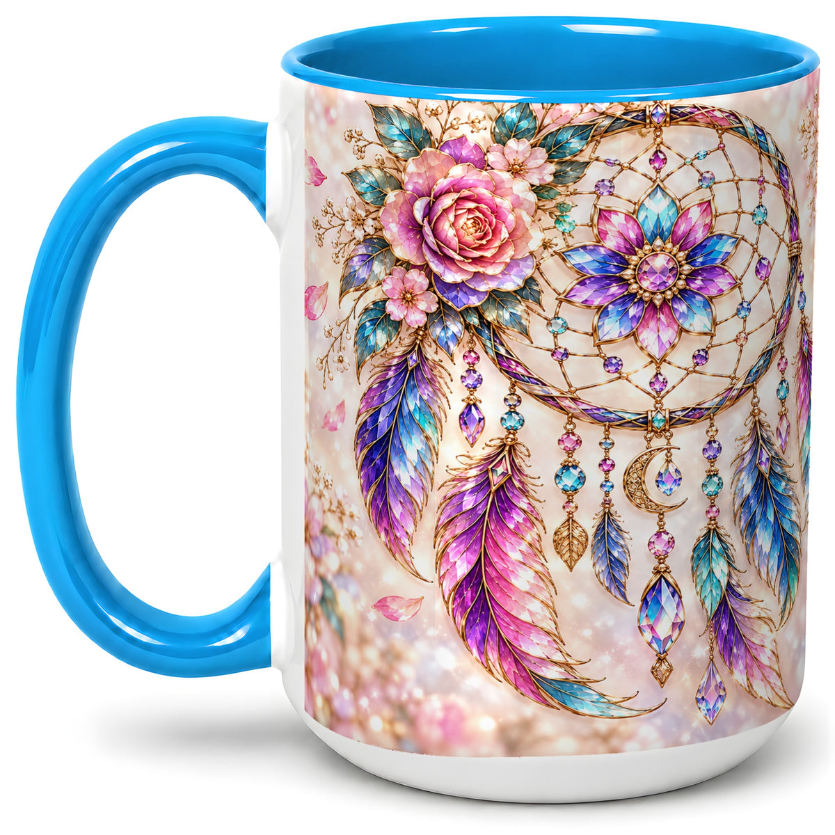#pl[15oz|Blue] Floral Dreamcatcher Accent Mug, Mug with Pastel Feather Artwork