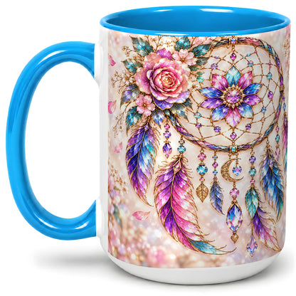 #pl[15oz|Blue] Floral Dreamcatcher Accent Mug, Mug with Pastel Feather Artwork