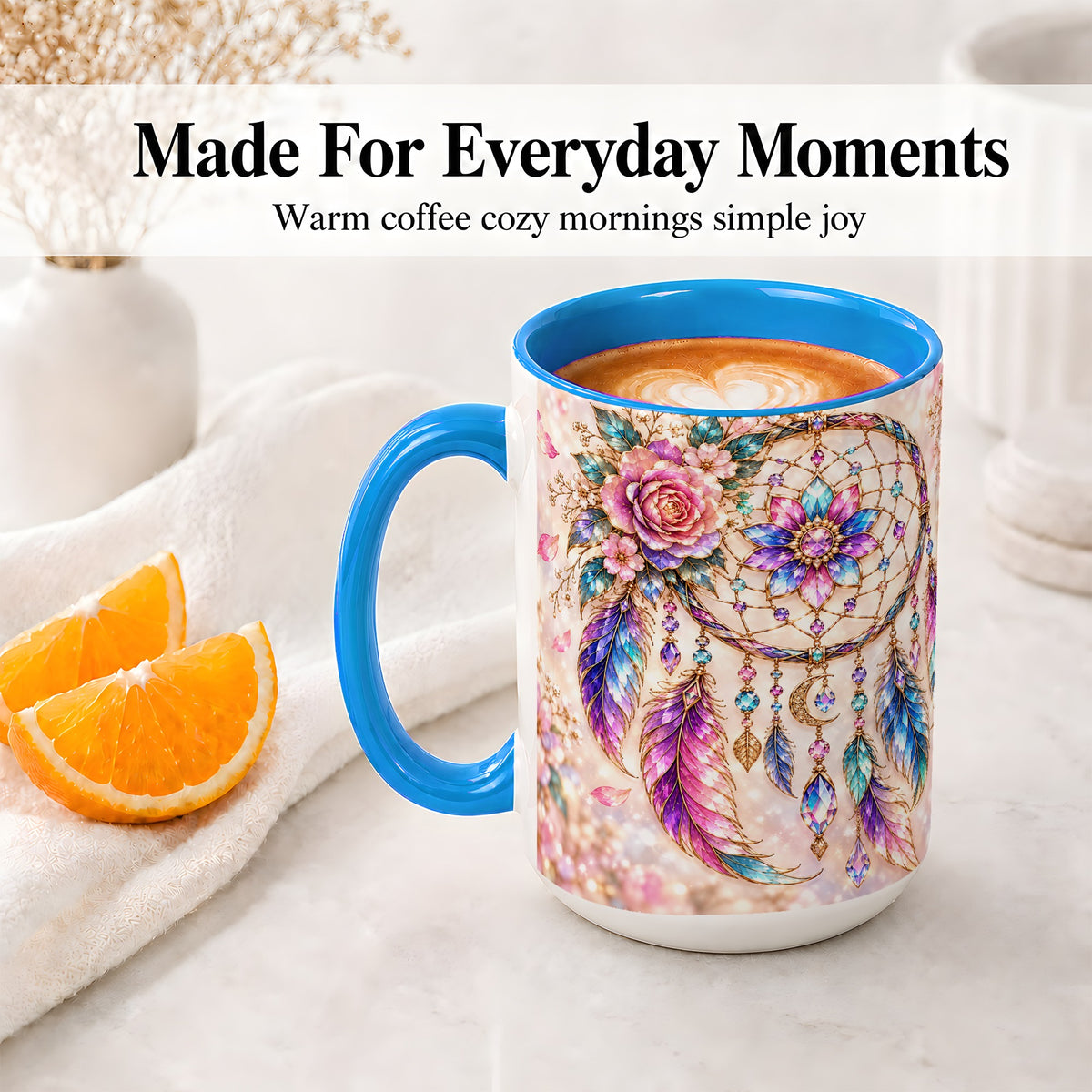 #pl[15oz|Blue] Floral Dreamcatcher Accent Mug, Mug with Pastel Feather Artwork