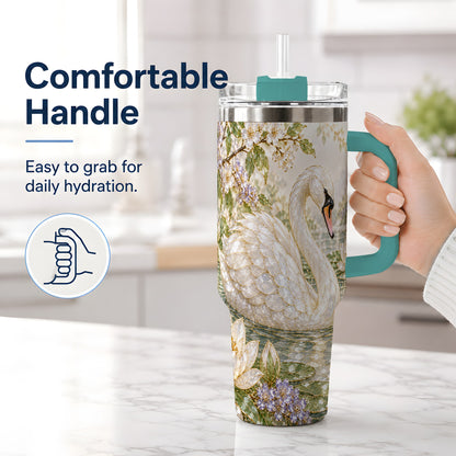 #pl[40oz|Green] Swan Pond Floral 40oz Tumbler, Stainless Steel Drinkware for Nature Lovers