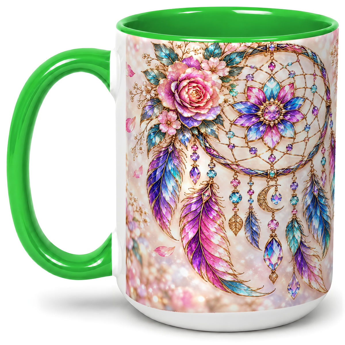 #pl[15oz|Green] Floral Dreamcatcher Accent Mug, Mug with Pastel Feather Artwork