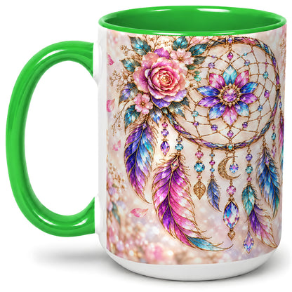 #pl[15oz|Green] Floral Dreamcatcher Accent Mug, Mug with Pastel Feather Artwork
