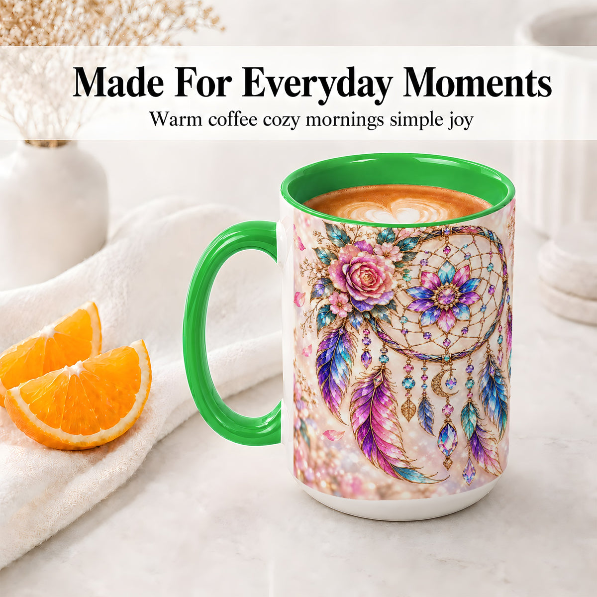 #pl[15oz|Green] Floral Dreamcatcher Accent Mug, Mug with Pastel Feather Artwork