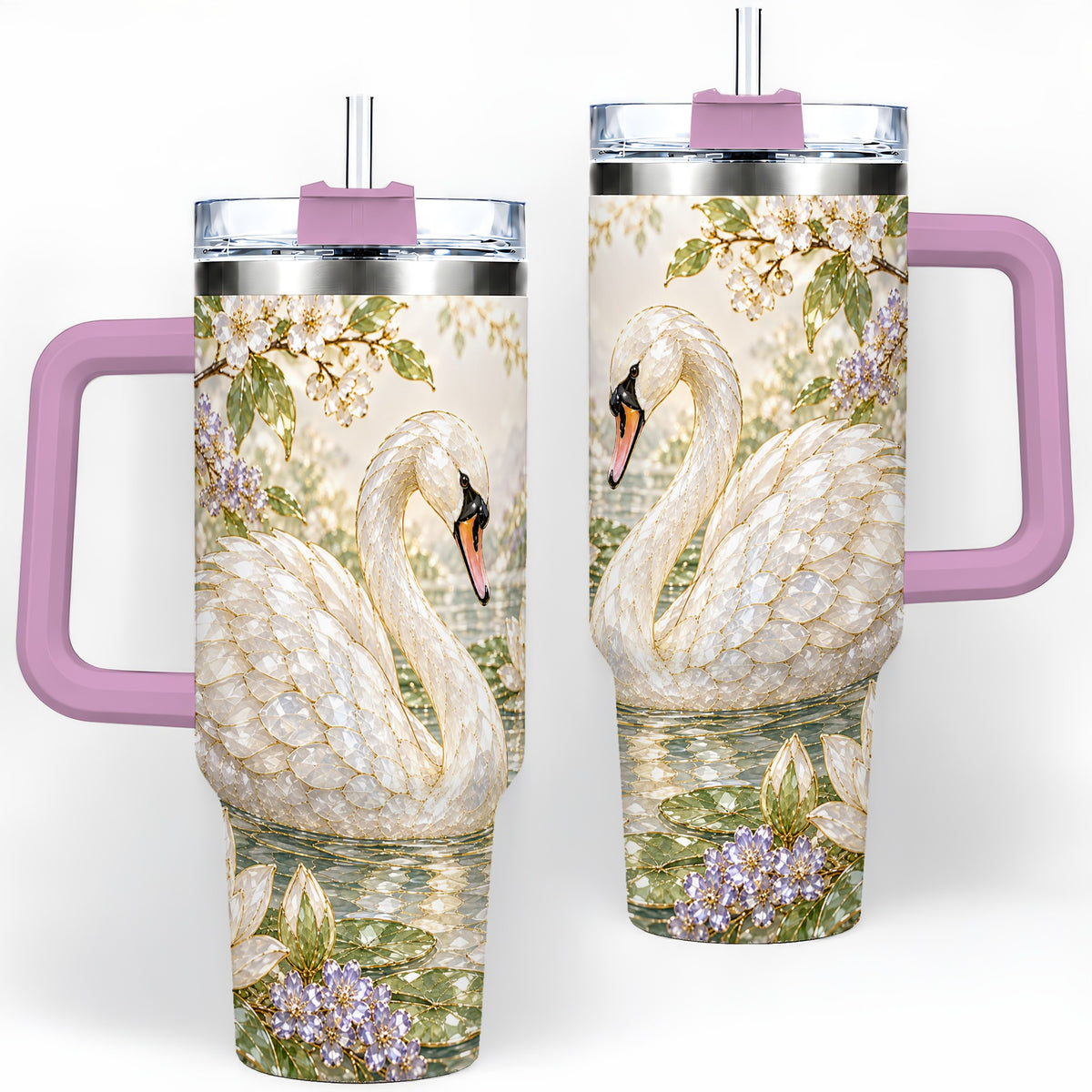 #pl[40oz|Pink] Swan Pond Floral 40oz Tumbler, Stainless Steel Drinkware for Nature Lovers