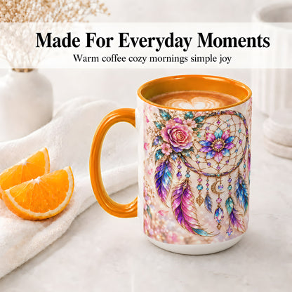 #pl[15oz|Orange] Floral Dreamcatcher Accent Mug, Mug with Pastel Feather Artwork