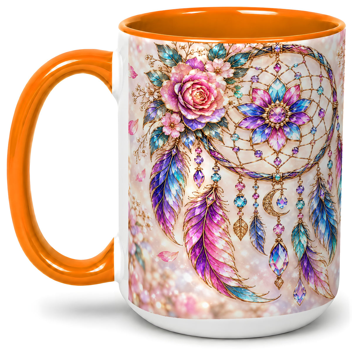 #pl[15oz|Orange] Floral Dreamcatcher Accent Mug, Mug with Pastel Feather Artwork