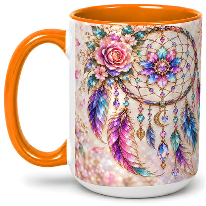 #pl[15oz|Orange] Floral Dreamcatcher Accent Mug, Mug with Pastel Feather Artwork