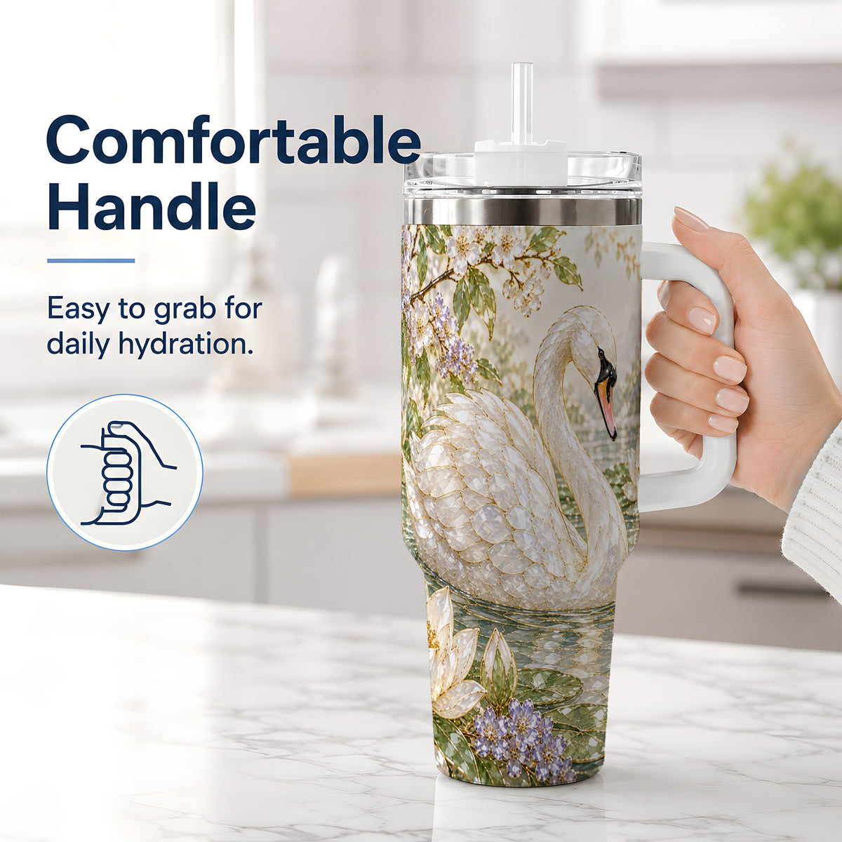 #pl[40oz|White] Swan Pond Floral 40oz Tumbler, Stainless Steel Drinkware for Nature Lovers