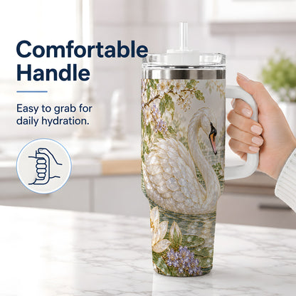 #pl[40oz|White] Swan Pond Floral 40oz Tumbler, Stainless Steel Drinkware for Nature Lovers