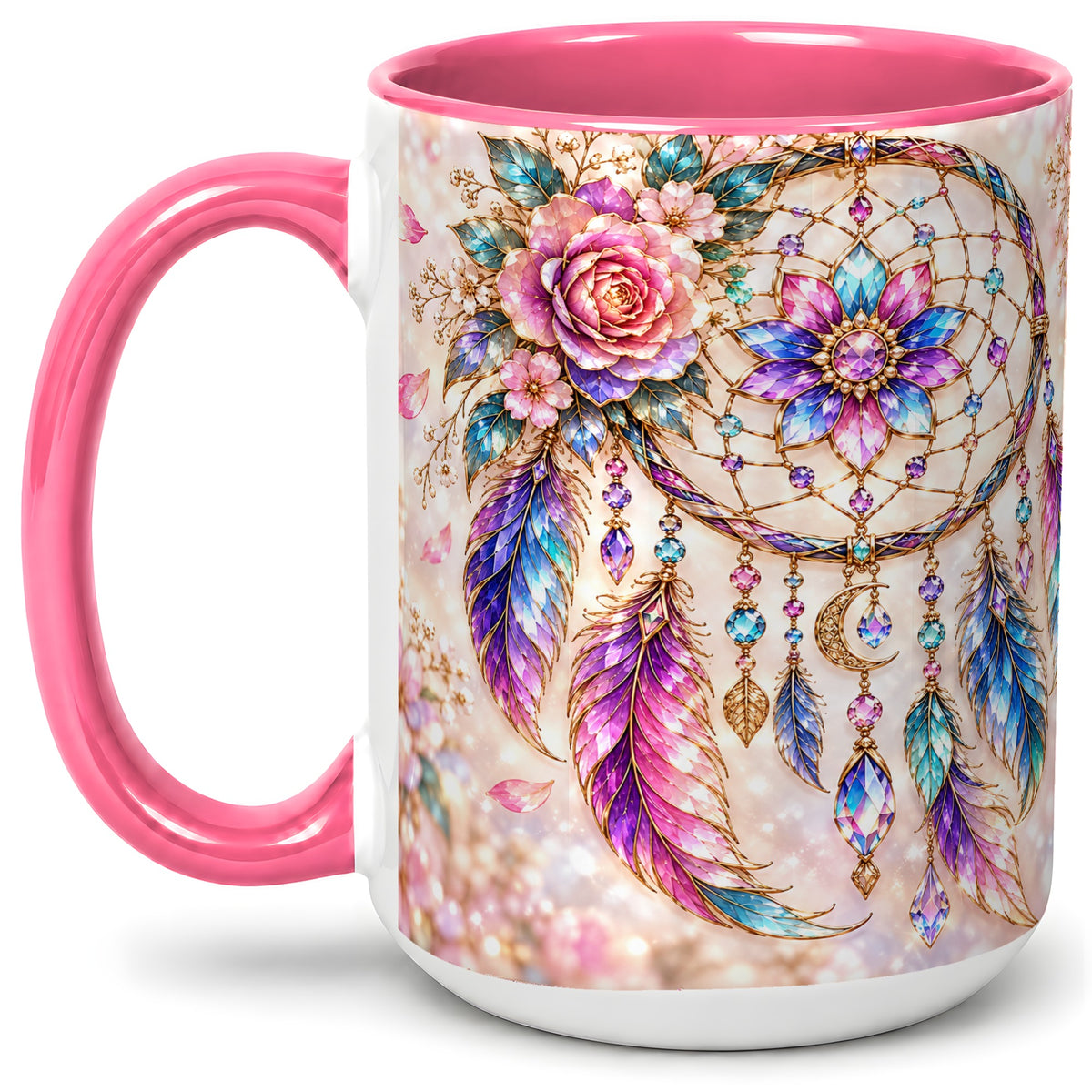 #pl[15oz|Pink] Floral Dreamcatcher Accent Mug, Mug with Pastel Feather Artwork