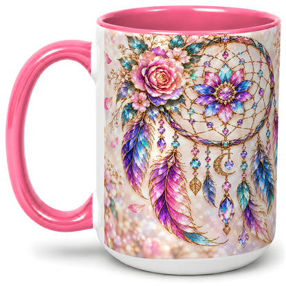 #pl[15oz|Pink] Floral Dreamcatcher Accent Mug, Mug with Pastel Feather Artwork