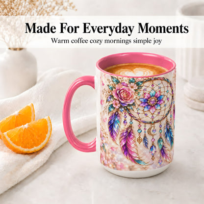 #pl[15oz|Pink] Floral Dreamcatcher Accent Mug, Mug with Pastel Feather Artwork