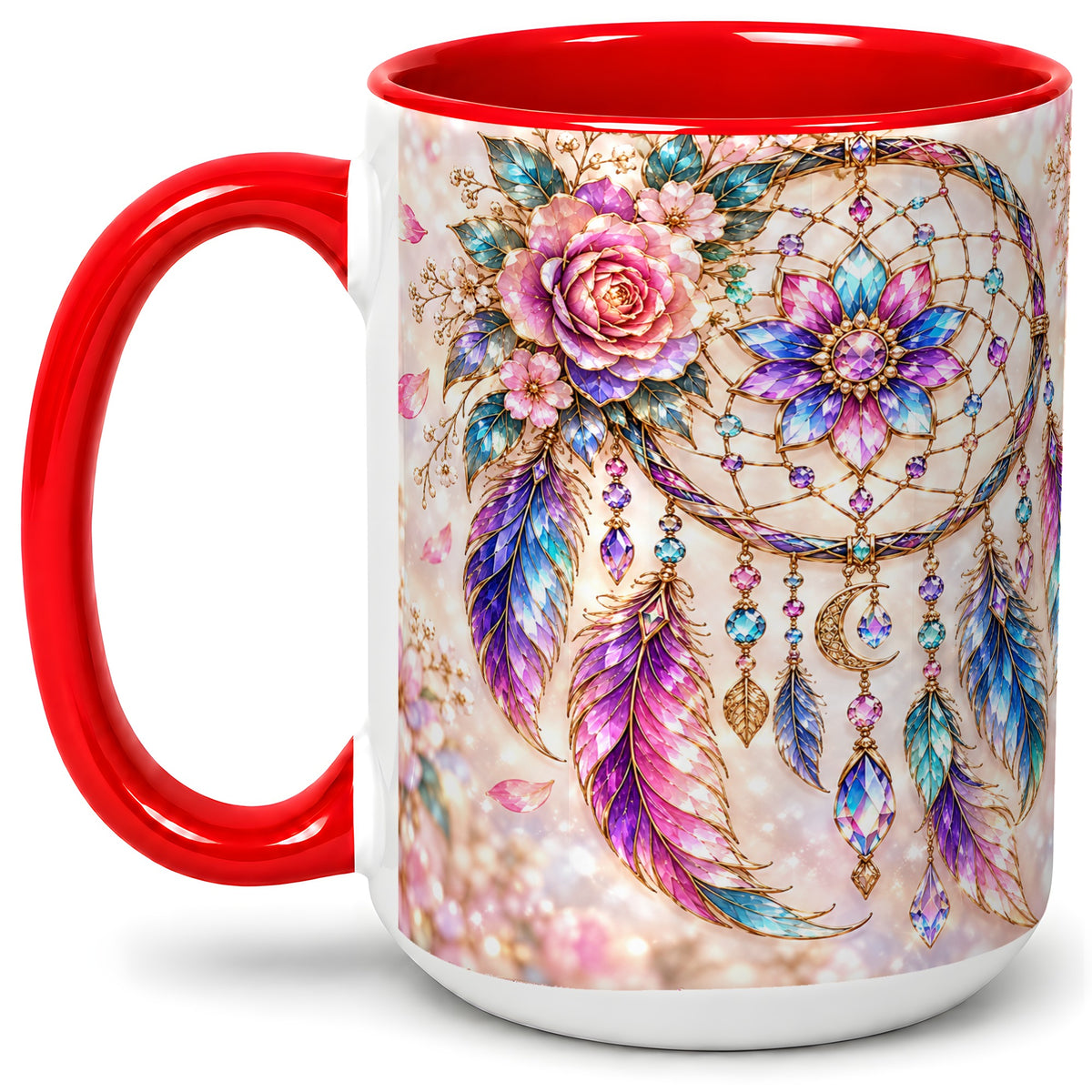 #pl[15oz|Red] Floral Dreamcatcher Accent Mug, Mug with Pastel Feather Artwork