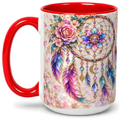 #pl[15oz|Red] Floral Dreamcatcher Accent Mug, Mug with Pastel Feather Artwork