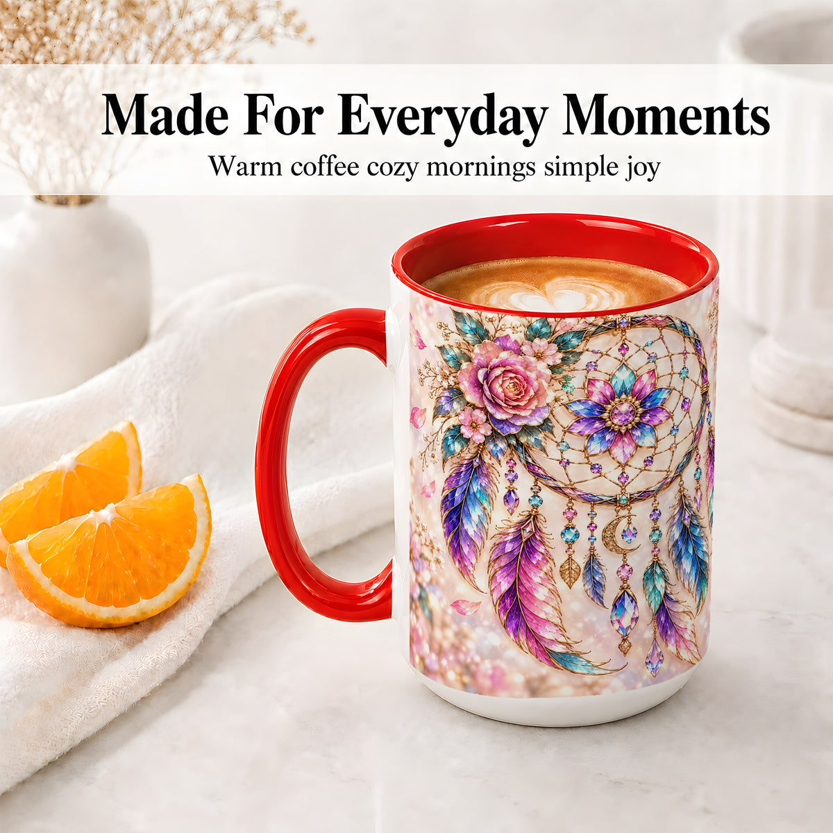 #pl[15oz|Red] Floral Dreamcatcher Accent Mug, Mug with Pastel Feather Artwork