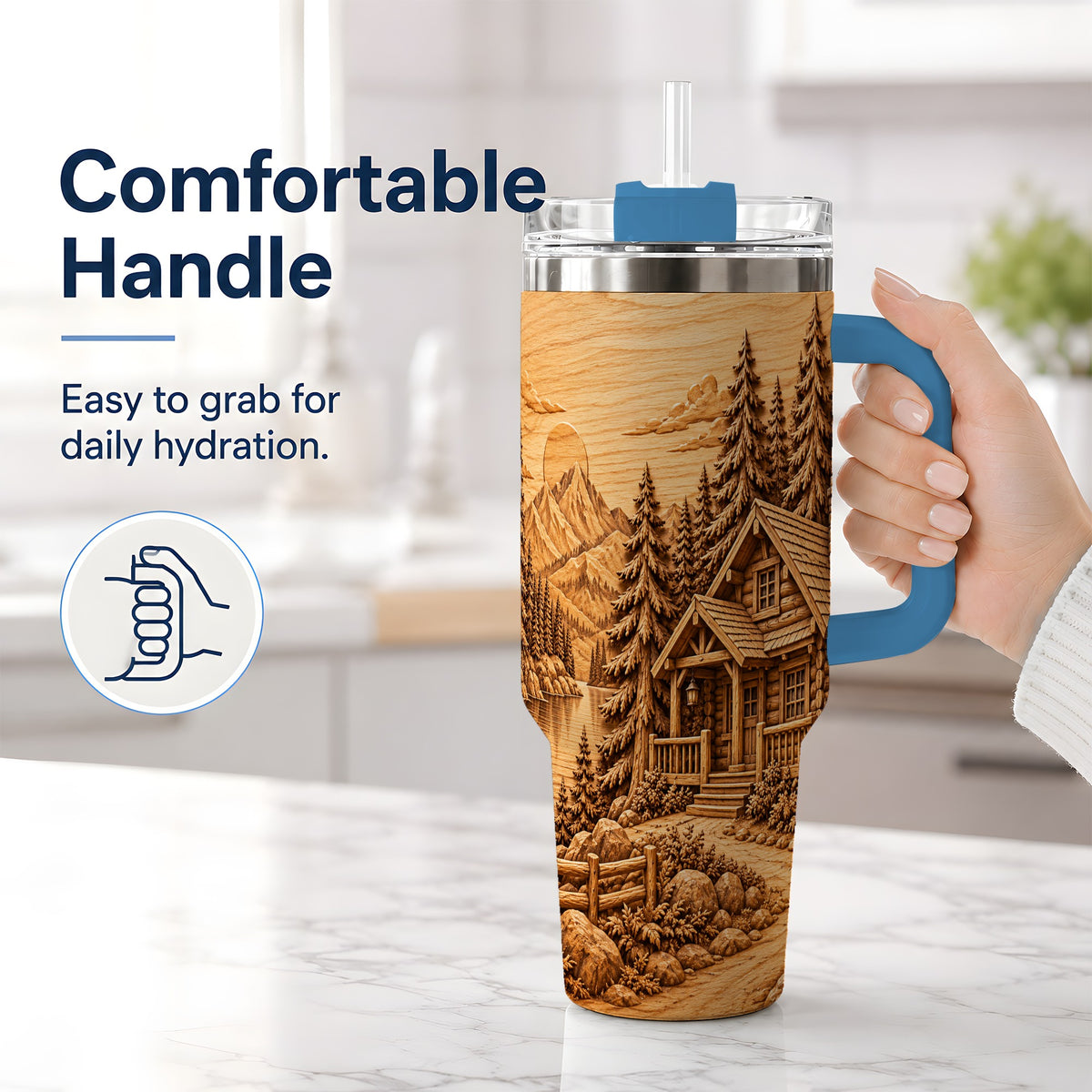 #pl[40oz|Blue] Rustic Cabin 40oz Tumbler, Stainless Steel Drinkware for Outdoor Fans