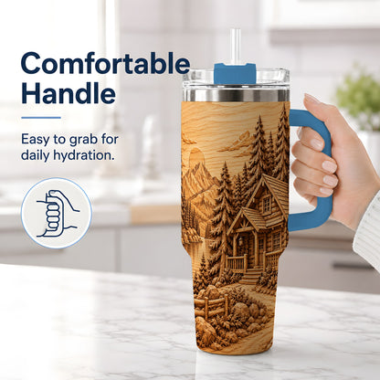#pl[40oz|Blue] Rustic Cabin 40oz Tumbler, Stainless Steel Drinkware for Outdoor Fans