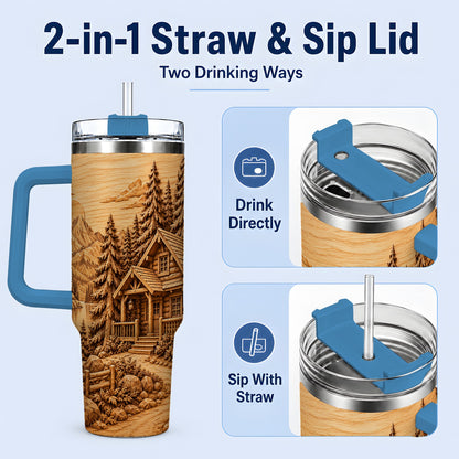 #pl[40oz|Blue] Rustic Cabin 40oz Tumbler, Stainless Steel Drinkware for Outdoor Fans
