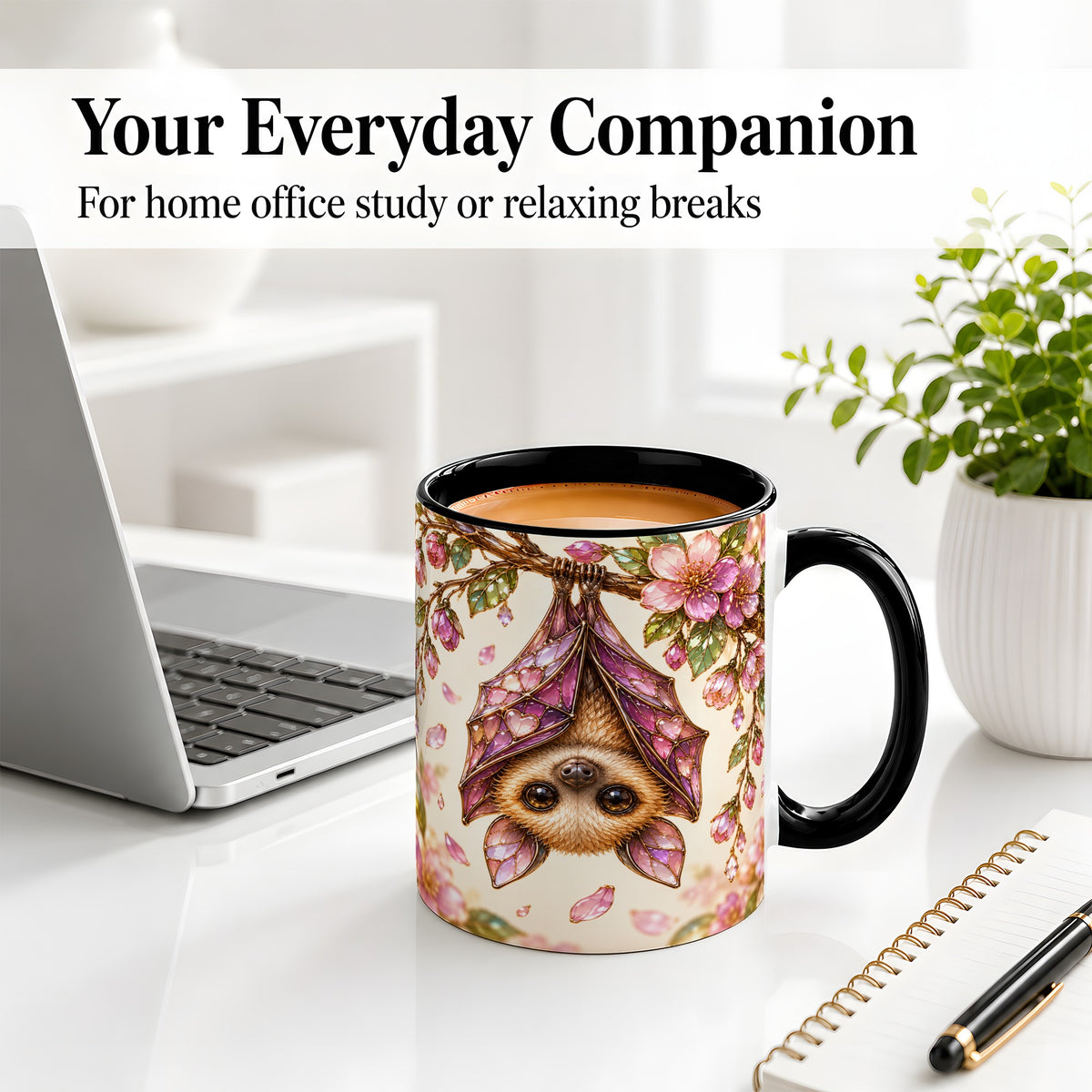 #pl[11oz|Black] Floral Bat Accent Mug, Mug with Pink Blossom Artwork