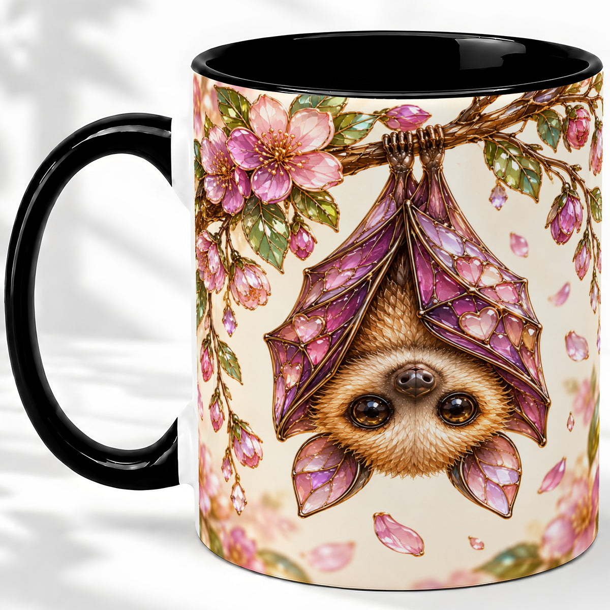 #pl[11oz|Black] Floral Bat Accent Mug, Mug with Pink Blossom Artwork