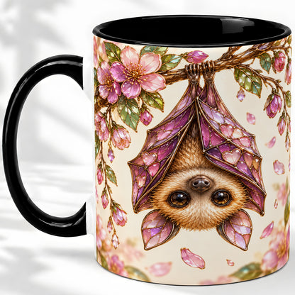#pl[11oz|Black] Floral Bat Accent Mug, Mug with Pink Blossom Artwork