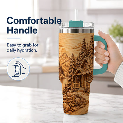 #pl[40oz|Green] Rustic Cabin 40oz Tumbler, Stainless Steel Drinkware for Outdoor Fans