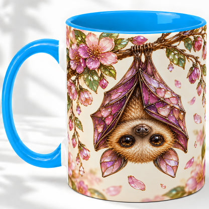 #pl[11oz|Blue] Floral Bat Accent Mug, Mug with Pink Blossom Artwork