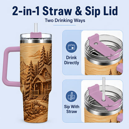 #pl[40oz|Pink] Rustic Cabin 40oz Tumbler, Stainless Steel Drinkware for Outdoor Fans