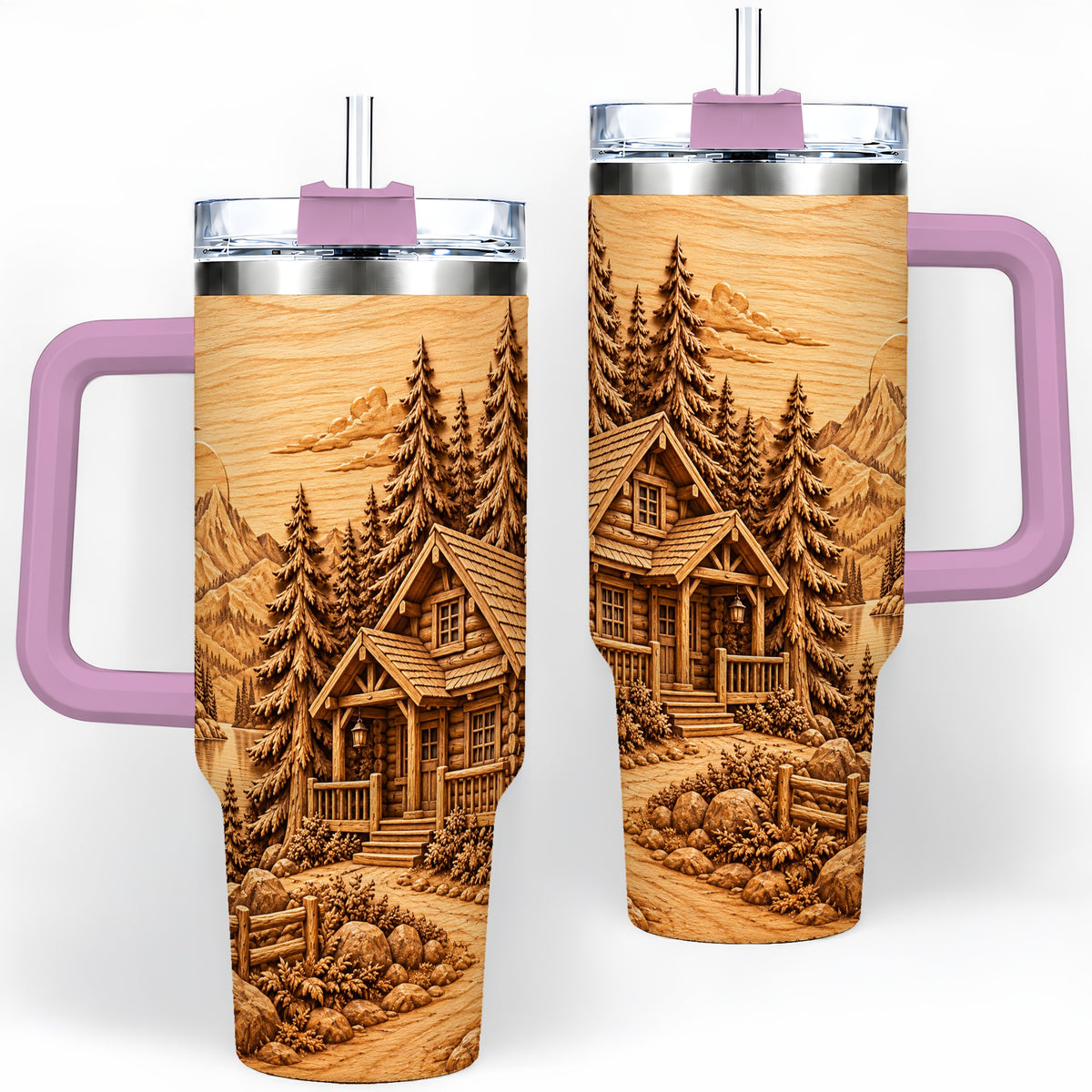 #pl[40oz|Pink] Rustic Cabin 40oz Tumbler, Stainless Steel Drinkware for Outdoor Fans