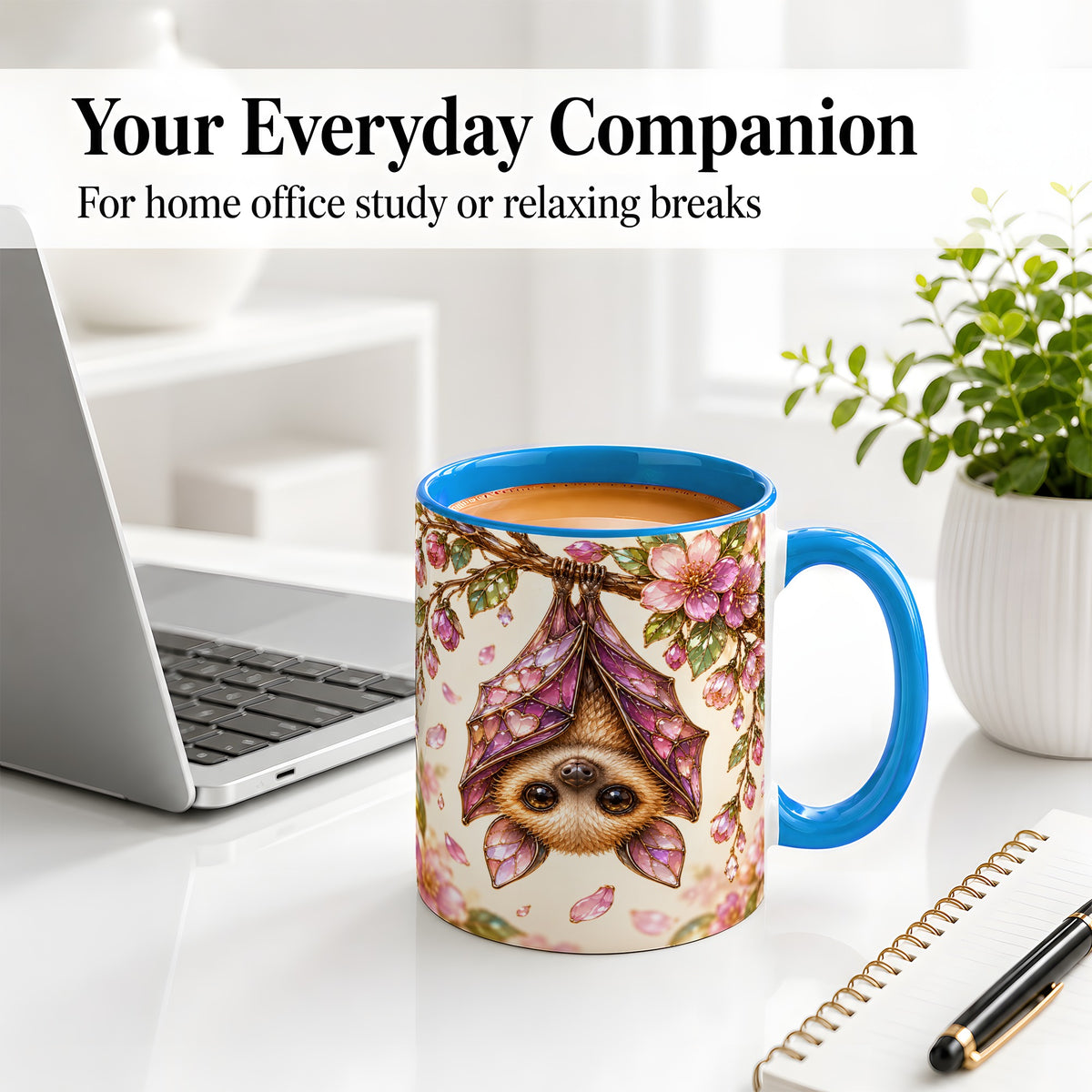 #pl[11oz|Blue] Floral Bat Accent Mug, Mug with Pink Blossom Artwork