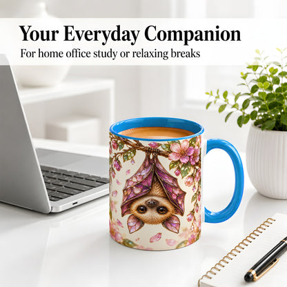 #pl[11oz|Blue] Floral Bat Accent Mug, Mug with Pink Blossom Artwork