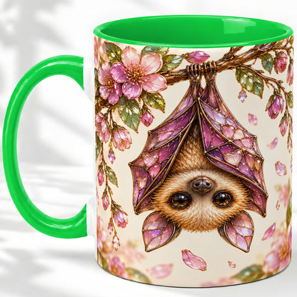 #pl[11oz|Green] Floral Bat Accent Mug, Mug with Pink Blossom Artwork