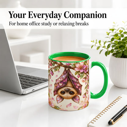 #pl[11oz|Green] Floral Bat Accent Mug, Mug with Pink Blossom Artwork