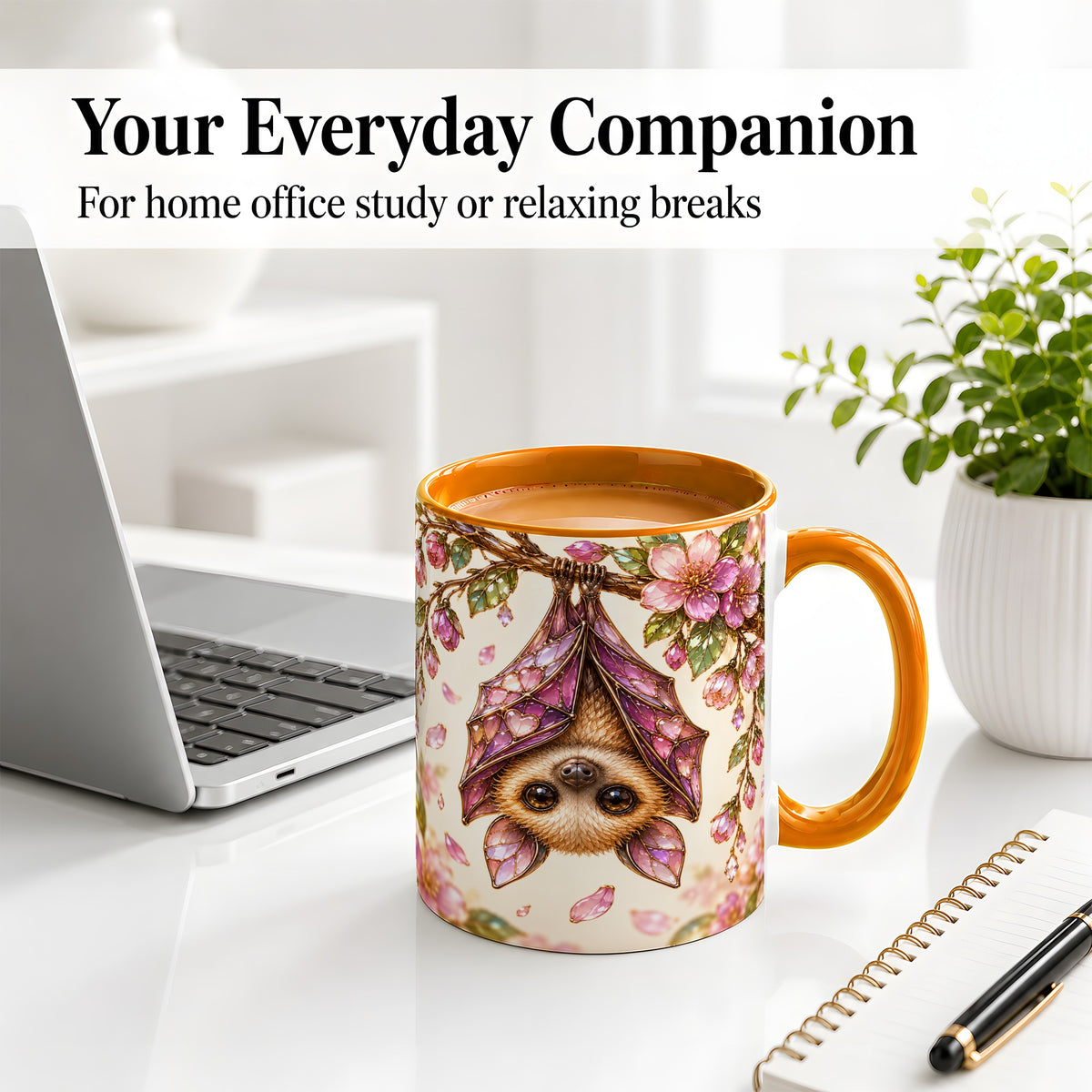 #pl[11oz|Orange] Floral Bat Accent Mug, Mug with Pink Blossom Artwork