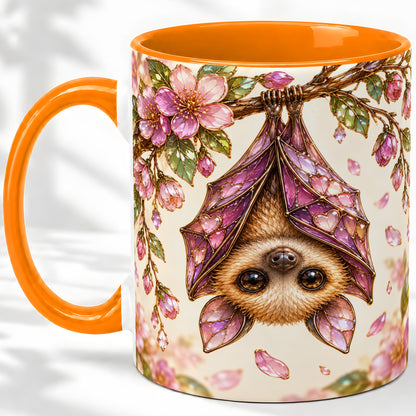 #pl[11oz|Orange] Floral Bat Accent Mug, Mug with Pink Blossom Artwork