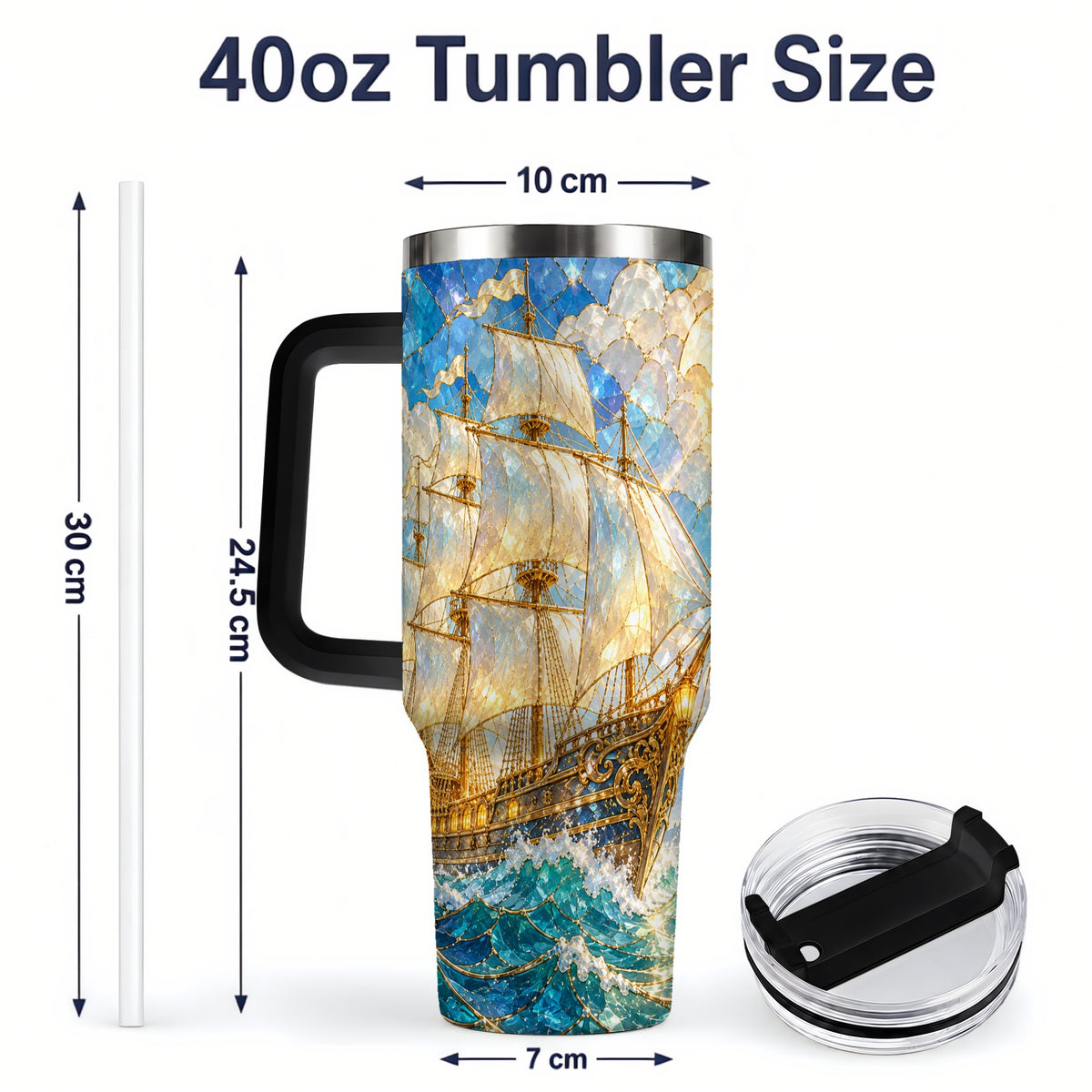 #pl[40oz|Black] Sailing Ship 40oz Tumbler, Stainless Steel Drinkware for Nautical Fans