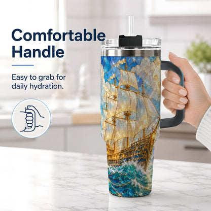 #pl[40oz|Black] Sailing Ship 40oz Tumbler, Stainless Steel Drinkware for Nautical Fans