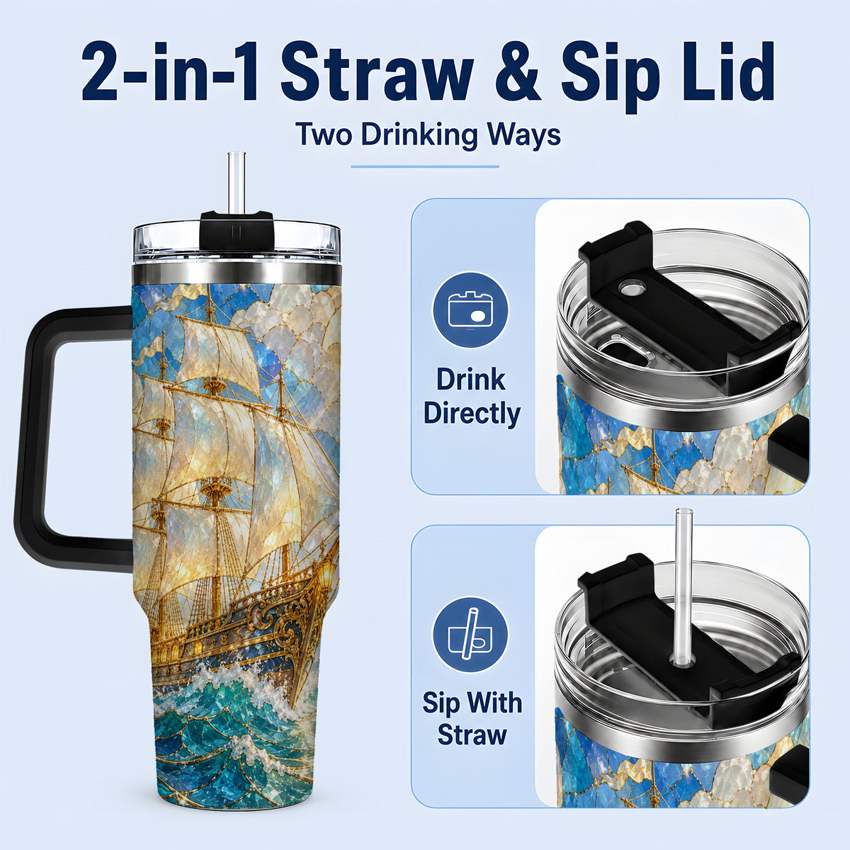 #pl[40oz|Black] Sailing Ship 40oz Tumbler, Stainless Steel Drinkware for Nautical Fans